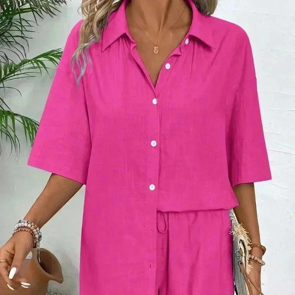 Hot Pink Casual Women's Summer Solid Color Drop-Shoulder Shirt And Loose Shorts - Picture 7 of 7